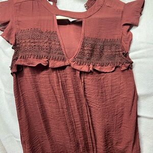 🌷Maurices Pink Blouse with Ruffled Smocked Design and V-Neck